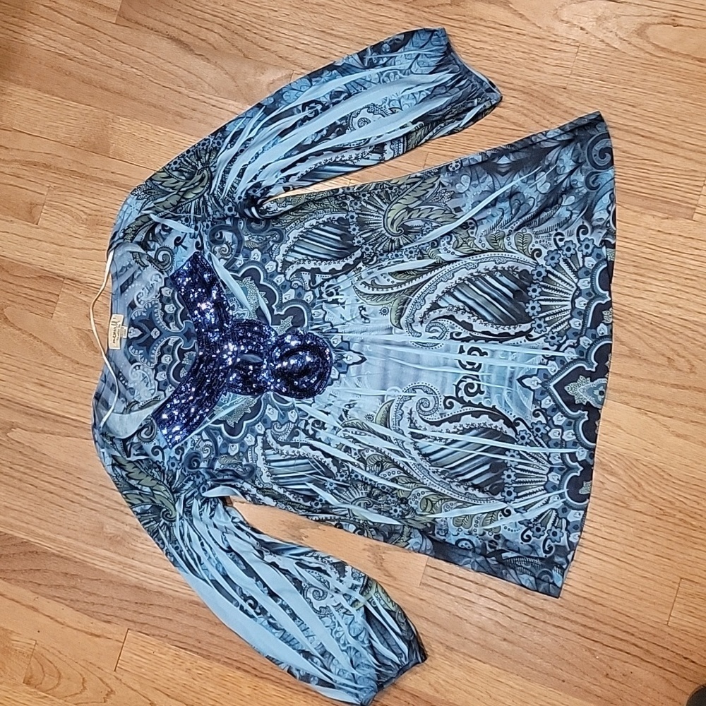 NEW Oneworld Women's Stretch Blue Bohemian Printed Tunic